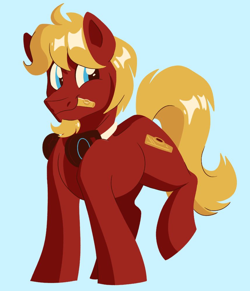 Cartoon pony - Male build, red coat, yellow mane, tail, small goatee. Image of red and gold metal kazoo on backside. Stylized rendition of Koss Portapro headphones around neck. Pony is standing and smiling, with a kazoo in his mouth
Art by Slushpony