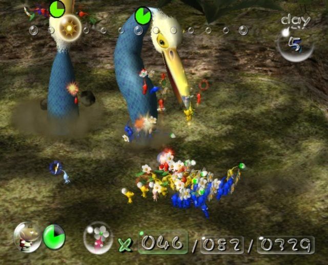 Screenshot from Pikmin, a Burrowing Snagret (crane-like bird with a snake-like body coming out of the ground) is fighting and eating a large amount of tiny Pikmin