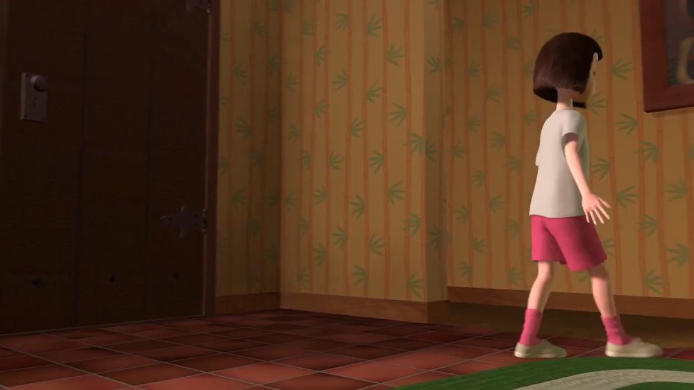 Closer shot of the door closed and the girl walking away, the grapes are still not visible.