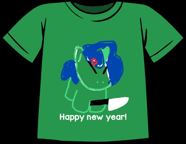 A green t-shirt with a crude sketch of the Smol Alope Plush being angry and holding a knife, with the text "Happy new year!" below it.
