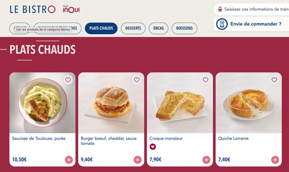 capture d'écran des plats chauds du "bistro SNCF" : saucisse de toulouse purée, burger bœuf cheddar sauce tomate, croque-monsieur, quiche lorraine.
