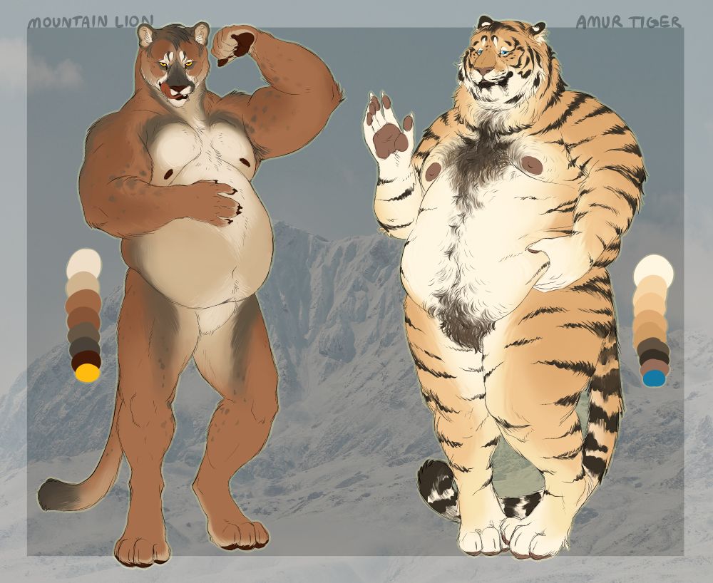 an adoptable character sheet with a hunky big bellied mountain lion on the left, with reddish/grey/and cream colors, and a fat fluffy amur tiger on the right with pale orange fur and dark stripes