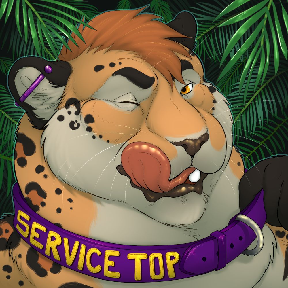 portrait of a chubby jaguar character with a purple industrial piercing in one ear and a purple collar he is tugging on with one paw, which reads 'Service Top' while he licks his chops and winks slyly. background is a dark jungle plant scene