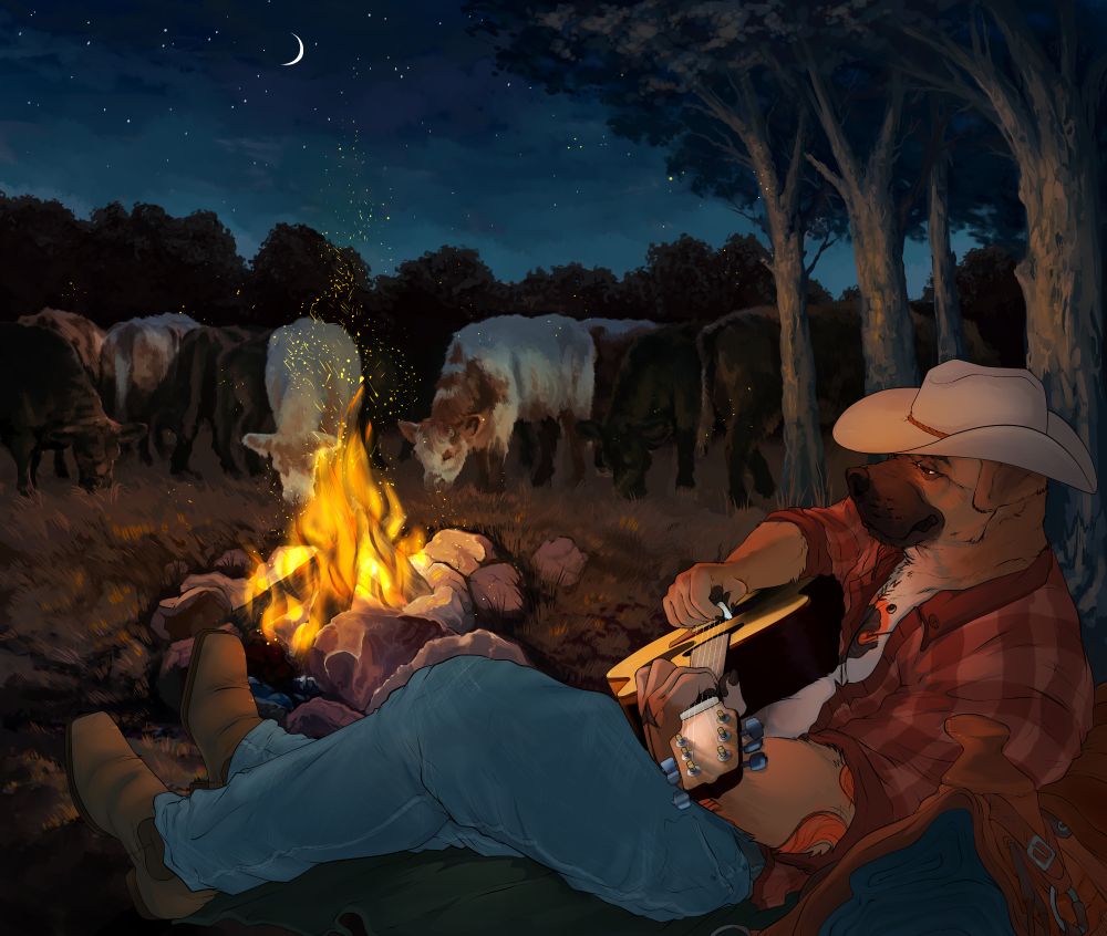 a detailed illustration with painted background, showing a tattooed cowboy dog resting by the fire leaning on his saddle and playing guitar while his herd of cattle feed and rest under the stars. from 2022! 