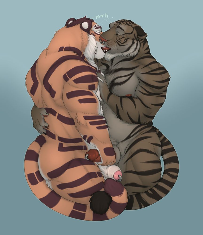 two tigers embrace and share an intimate kiss, the orange tiger on the left has a paw stroking the dick of the dark brown tiger on the right, their tails intertwining. 