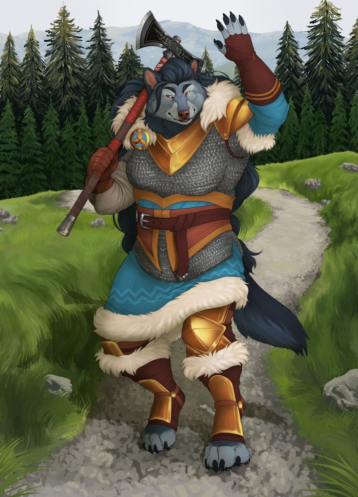 illustration showing a strong female wolf warrior walking down a gravel path, toting a large axe on one shoulder and waving to the viewer. She is wearing a combination of chainmail, cloth and fur as well as metal plate armor. Behind her you can see evergreen trees and far in the distance, mountains.