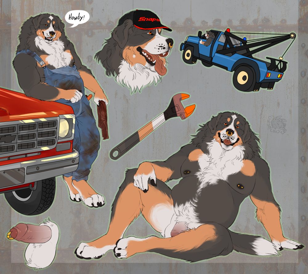 ref sheet of an adopt design, a beefy bernese mountain dog with a slightly diluted charcoal color palette. He is lounging in fullbody pose on the lower right, leaning on a older model red truck on the left, and a portrait of him with his tongue lolling out on the top. Plus a bonus doodle of him driving a blue tow truck on the upper right.