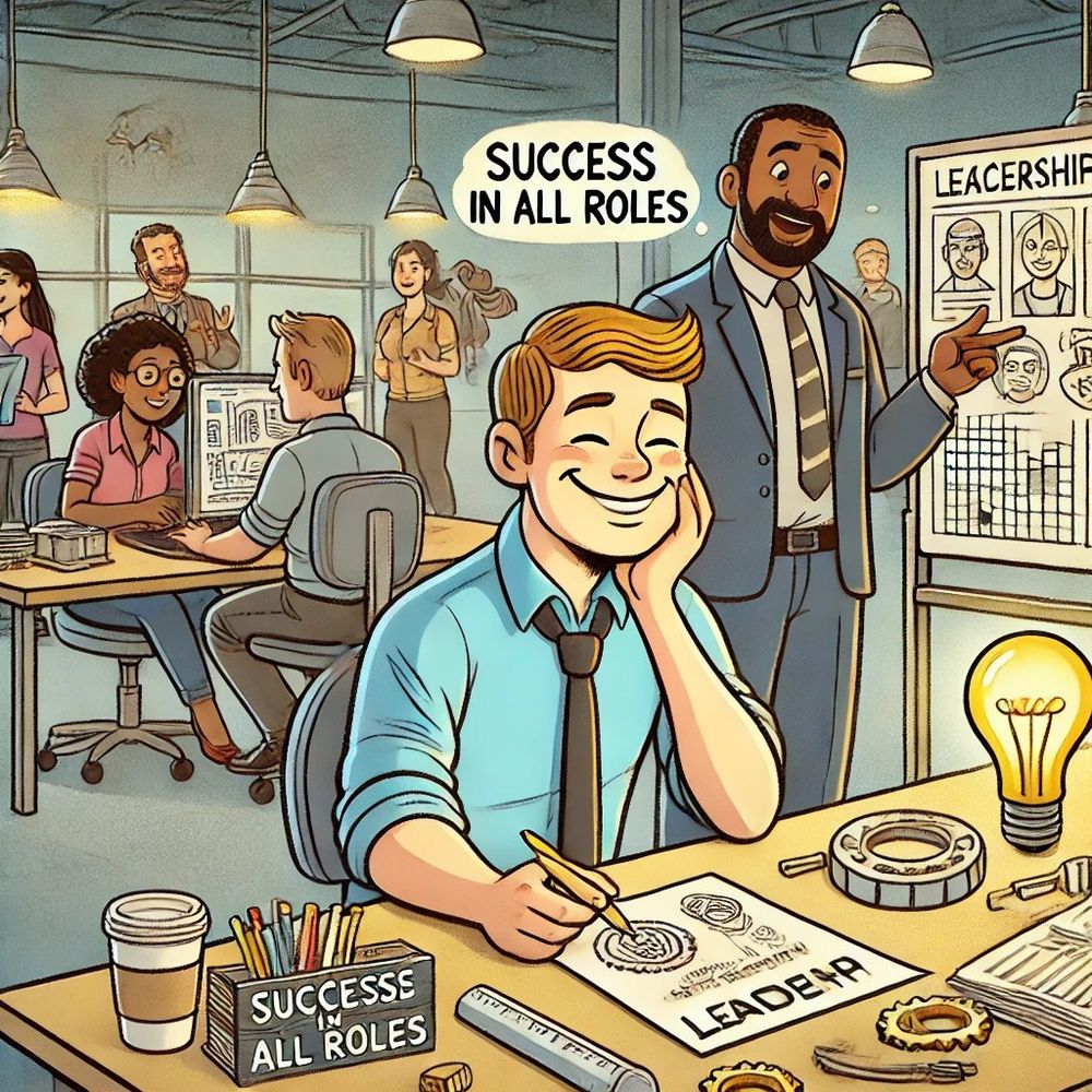 A cartoon illustration of a modern workplace where a smiling employee focuses on their task, while another person who seems to be in a 'leadership role' is in the background.. The setting highlights teamwork, inclusivity, and the value of non-leadership roles, with subtle text in the background reading "Success in All Roles."