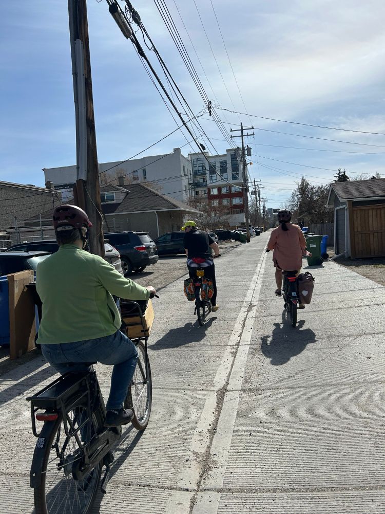 Shopping by bike with friends - taking the alley because 9th Ave SE has no  infrastructure for wheeling modes and dangerously small sidewalks to access stores.
