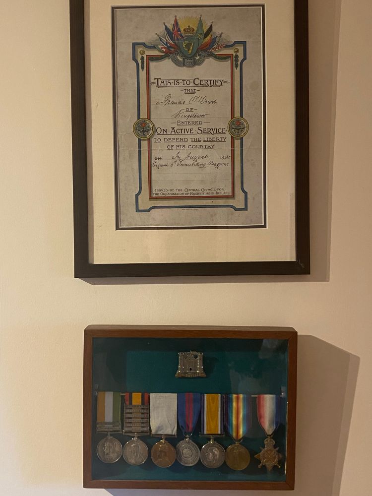 Francis O’Dowd’s WWI service certificate, his 6th Inniskilling Dragoons cap badge and 7 medals. He was born in Dun Laoghaire (Kingstown as it was) in 1876. 