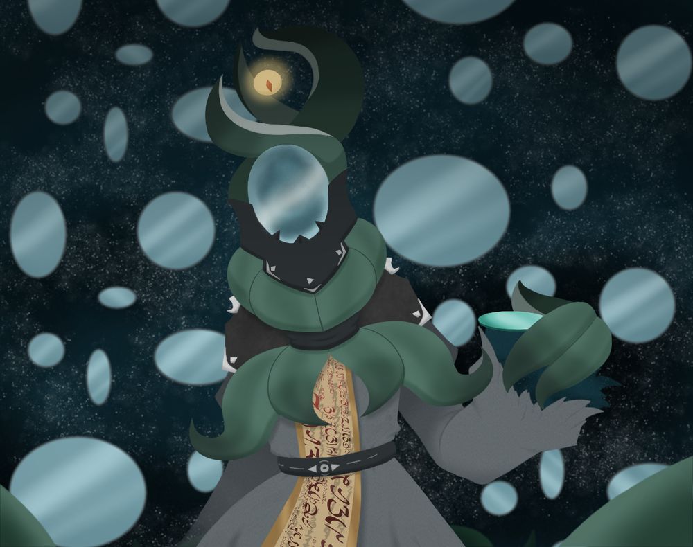 Standing in a void filled with mirrors and screen is a large chthulu-like creature wearing robes with unknown literature holding up a mirror in a hand made of tentacles. Where a face should be is instead another large mirror, with three tentacles wrapped around on top with a large yellow glowing eye looking down. 