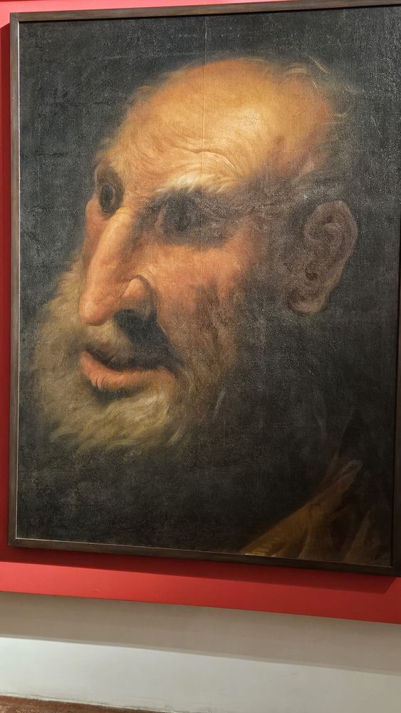 Dipinto di bottega pittorica di metà 17° secolo raffigurante in modo grottesco il volto di un uomo anziano.