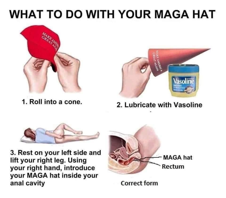 A how to graphic showing what to do with your maga hat. Step one: roll it into a cone, step two: lubricate with Vaseline step three, rest on your left side and lift your right leg using your right hand introduce your mega hat inside your anal cavity. The last picture shows the correct form with the Maga hat, inserted into the rectum, like an anatomical poster.