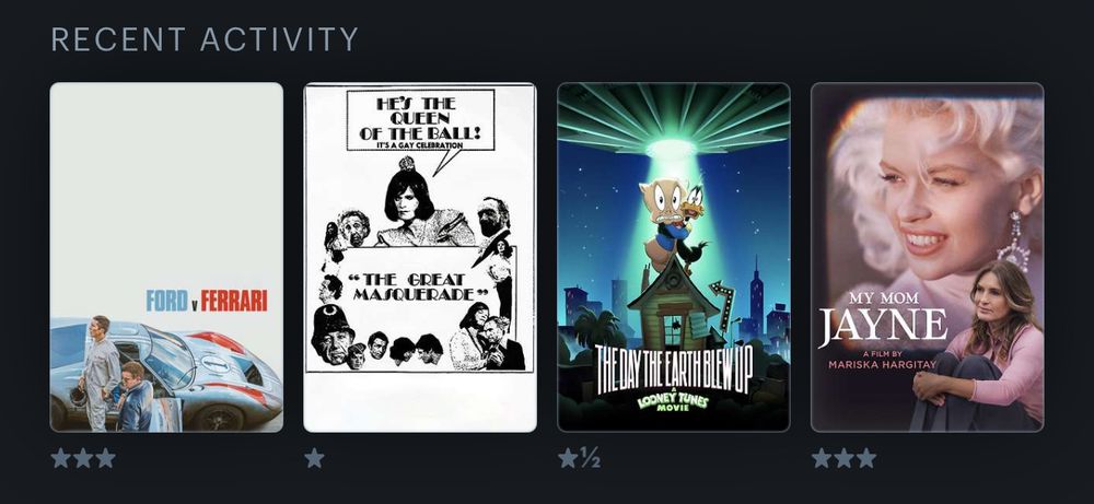 Thumbnails for Ford v Ferrari, The Great Masquerade aka Murder on the Emerald Seas, The Day The Earth Blew Up: A Looney Tunes Movie and My Mom Jayne