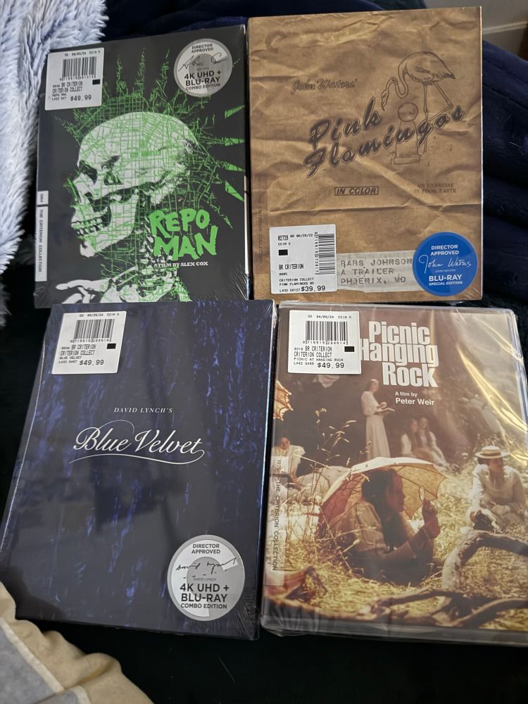 Criterion physical media: Bluray of Pink Flamingos; 4ks of Repo Man, Picnic at Hanging Rock and Blue Velvet