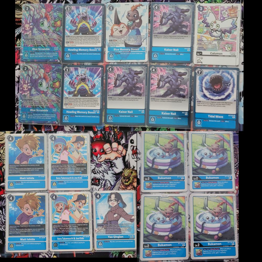 Option cards, Digi Eggs, and Tamers for DJ cutie
Blue Scramble, Howling memory boost, Blue memory boost, Kaiser Nail, Tidal Wave, Matt Ishida, Sora and Joe, Yao Quinglan, Bukumon, and Calumon