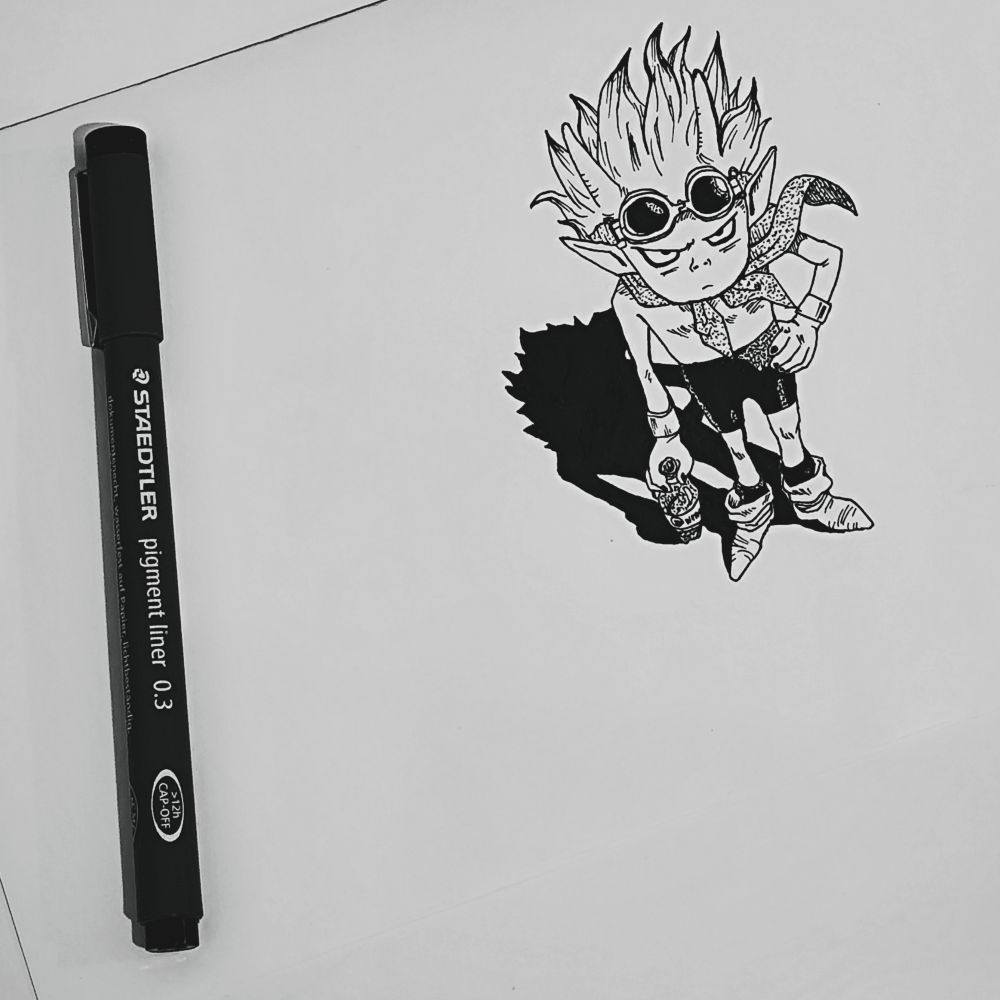 El protagonista, Beelzebub, visto desde arriba. Pelo puntiagudo, cuernos alargados, pantalones cortos y una capa.