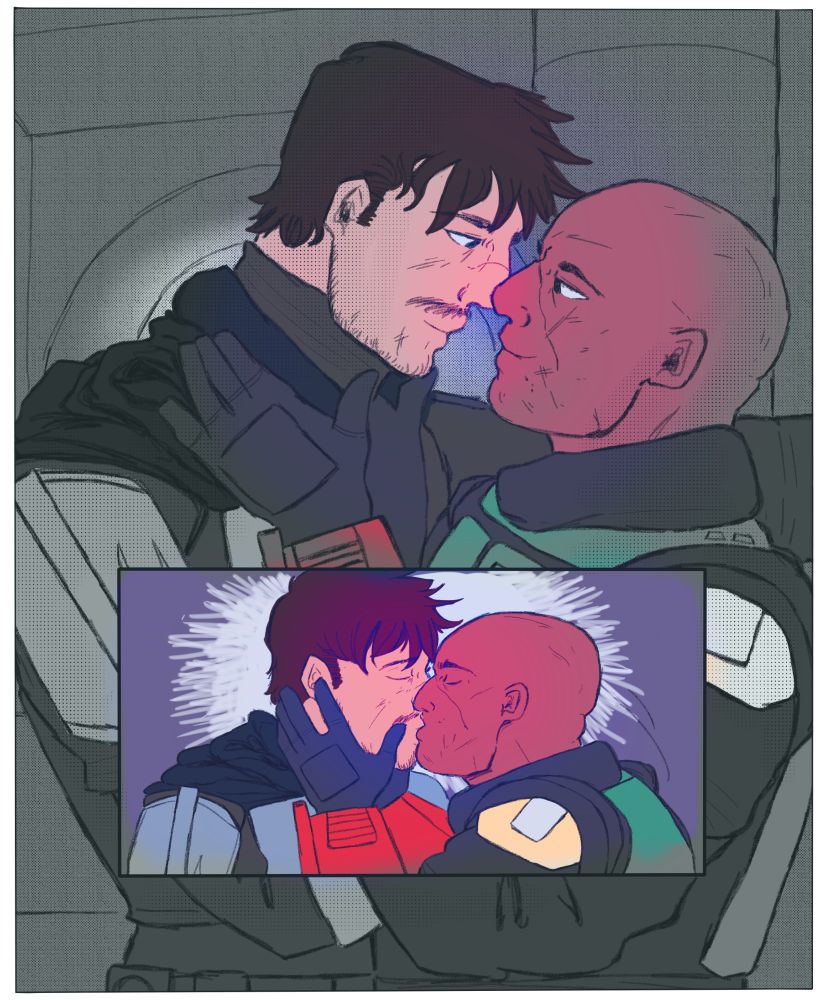 Din Djarin and Boba Fett, holding each other in one panel, kissing romantically in the next panel, colored with gray tones and warm tones for the faces 