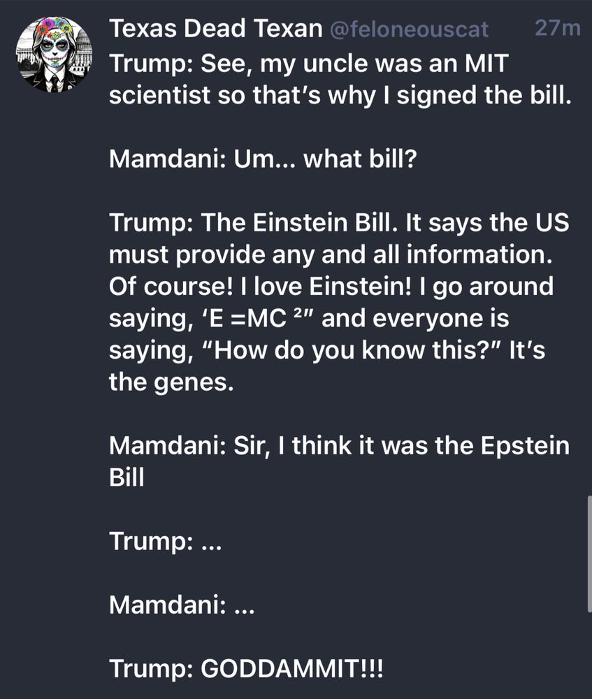 Trump: See, my uncle was an MIT scientist so that's why I signed the bill.
Mamdani: Um... what bill?
Trump: The Einstein Bill. It says the US must provide any and all information.
Of course! I love Einstein! I go around saying, 'E =MC 2" and everyone is saying, "How do you know this?" It's the genes.
Mamdani: Sir, I think it was the Epstein Bill
Trump: •••
Mamdani: ...
Trump: GODDAMMIT!!!