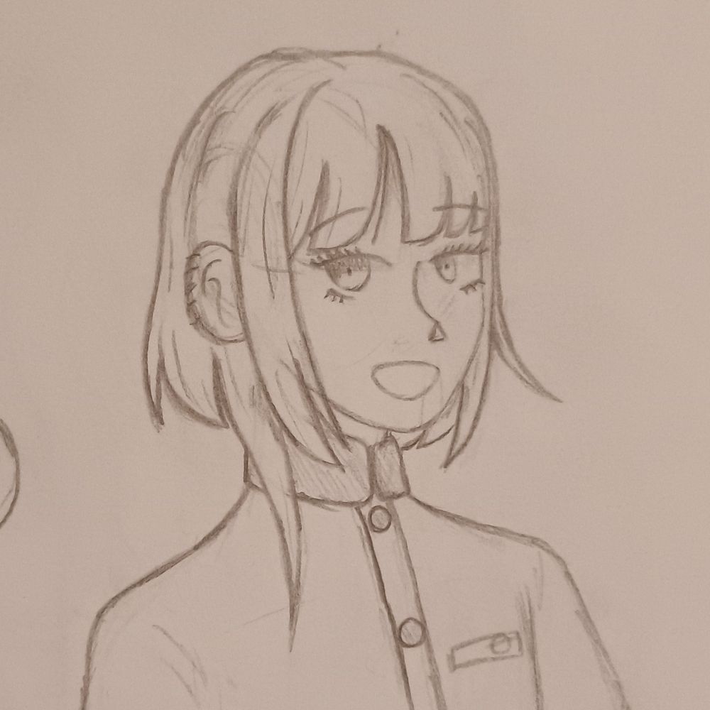 Pencil drawing of Ima Tsukumo from The Hundred Line from slightly below the shoulders up. He's smiling with his eyebrows raised while looking at the viewer.