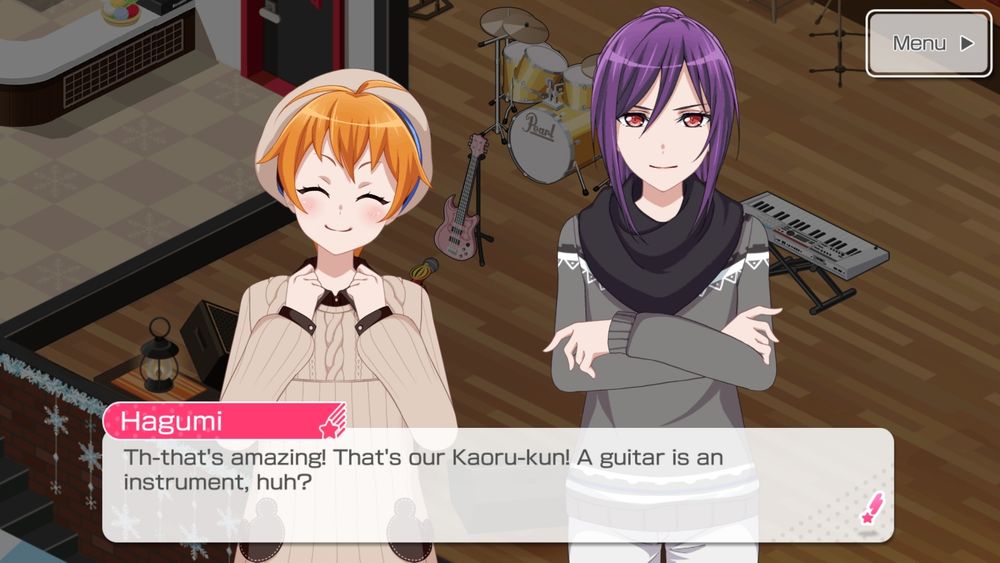 Hagumi: Th-that's amazing! That's our Kaoru-kun! A guitar is an instrument, huh?