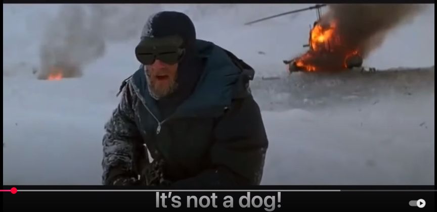 Shot from movie "The Thing" (1982). Norwegian helicopter gunner shouts "It's not a dog!"