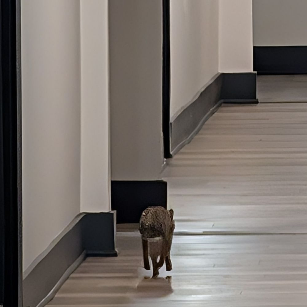 Wild rabbit in an apartment hallway hopping away from the camera