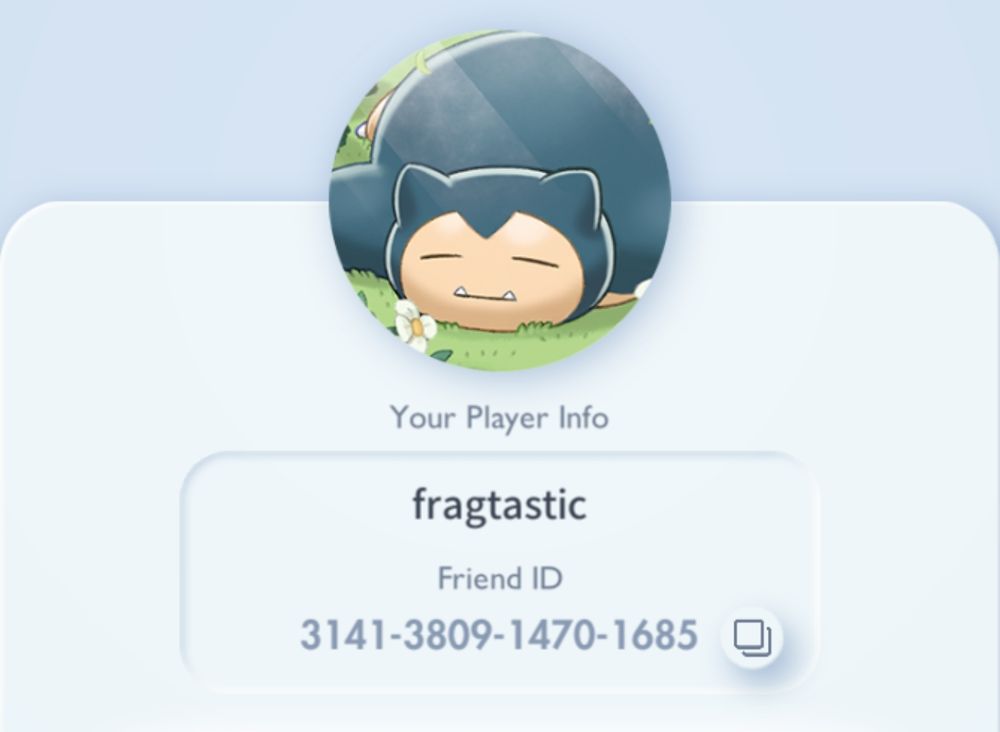 Screenshot of my Nintendo player profile with my Snorlax profile picture, username of 'fragtastic', and friend ID