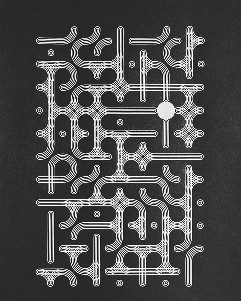 Plot art representing truchet tiles and a full moon - black and white drawing