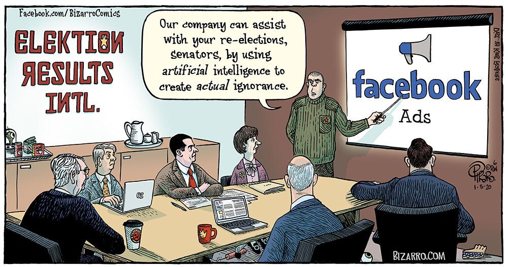 A man is giving a talk to 6 people with suits (5 men and one woman) sitting around a table. The speaker is pointing to an image that says "Facebook Ads". The speaker is saying, "Our company can assist with your re-elections, senators, by using artificial intelligence to create actual ignorance."