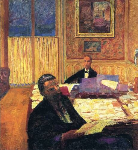 This artwork by Pierre Bonnard, titled "Joseph Bernheim Jeune and Gaston Bernheim de Villers," depicts two men in an opulently furnished room filled with papers and an extended table. Bonnard's use of vibrant color and expressive brushwork captures the intimate and contemplative atmosphere of the scene, demonstrating his post-impressionist style.