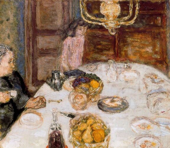 "Lunch at Le Grand Lamps" by Pierre Bonnard captures an intimate dining scene with its characteristic blurred edges, luminous colors, and intricate portrayal of everyday life. The artwork showcases Bonnard's ability to infuse ordinary moments with warmth and subtle emotional depth, typical of his post-impressionistic style.