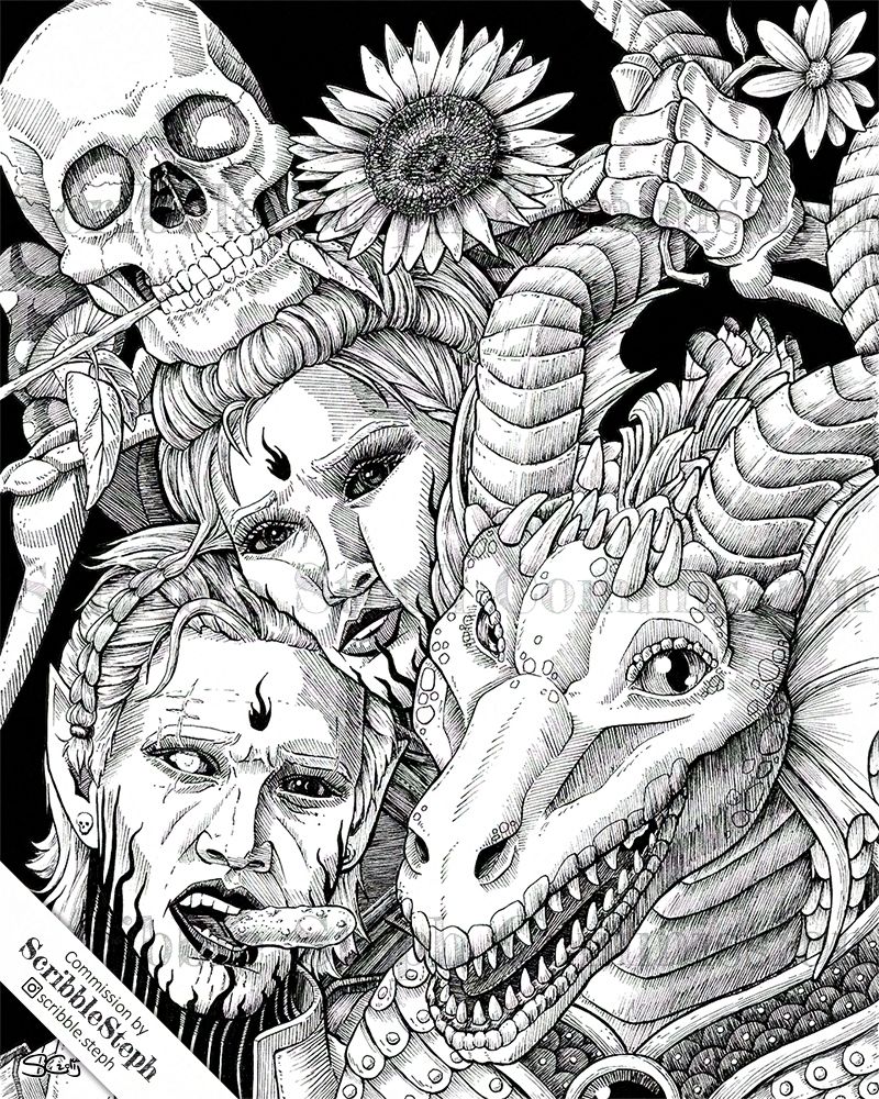 Pen and ink drawing of 4 characters crushed into frame. Drow male in the bottom left corner has a pickle in his mouth, like a cigar. Skeleton on top left holds a sunflower in his mouth and holds onto the horns of the smiling dragon on the right side of the frame. A female drow is smushed in between them all in the middle.