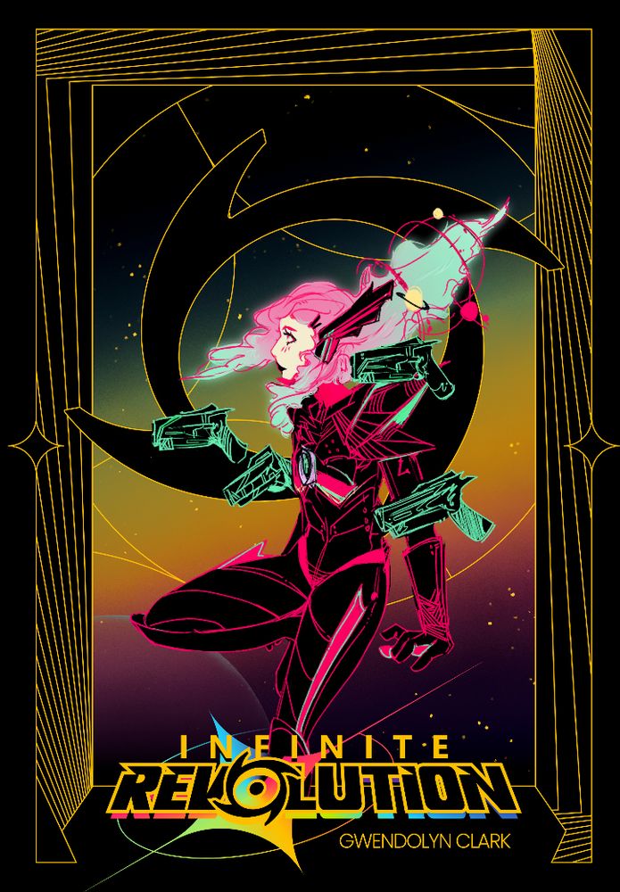 the cover of Gwendolyn Clark's RPG Infinite Revolution; a pink- and green-haired girl in a black battlesuit with bright red linework is surrounded by floating green futuristic handguns before a prismatic starfield
