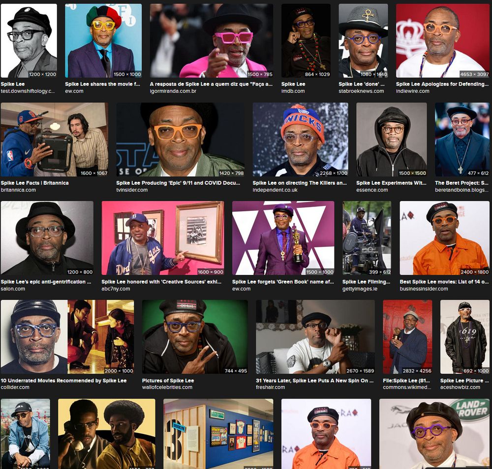 a grid of image search results of Spike Lee, who is generally wearing hates and delightful glasses throughout