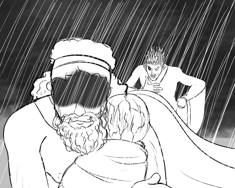 My depiction of the celtic sea god Manannan MacLir clutching a dead child to his chest while my depiction of Crom Cruach is trying to tell him to get over it basically