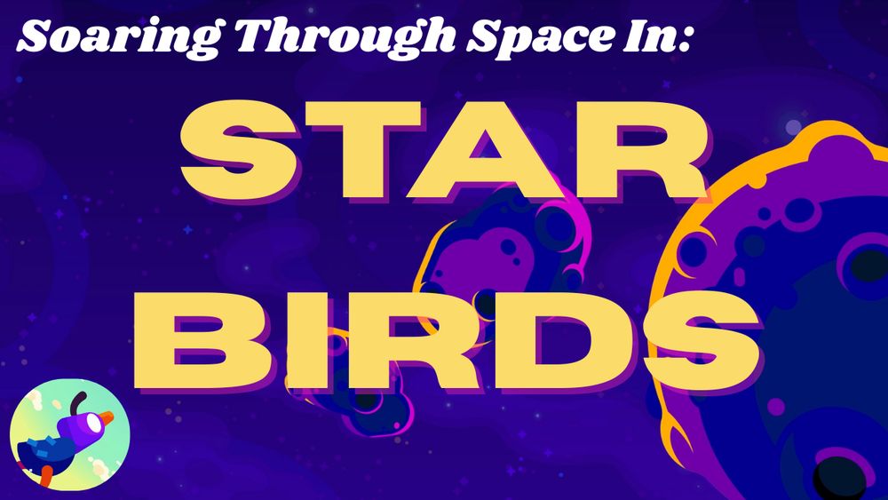 The text "Soaring Through Space in: STAR BIRDS" is on top of cartoon art of asteroids in space. A small cartoon bird in a circle is looking up at the text from the bottom left corner.