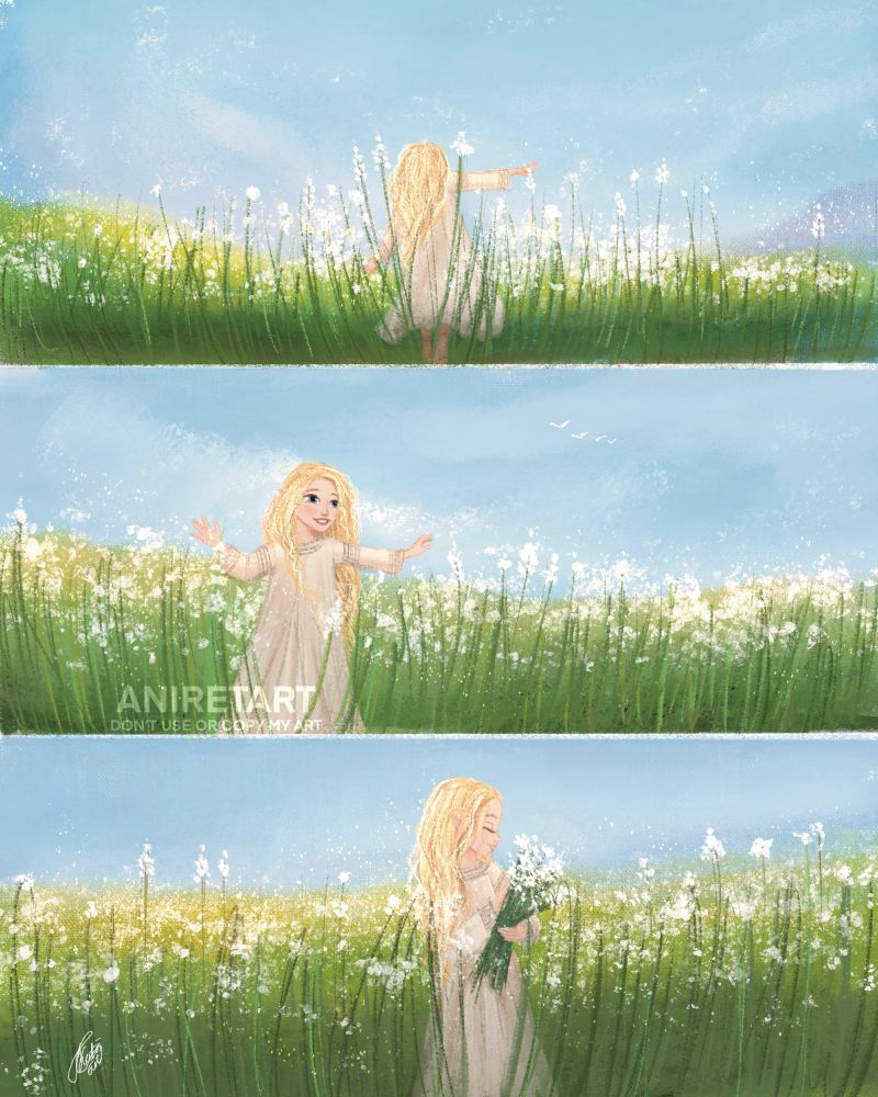 Happy young Galadriel runs around the field in Valinor 