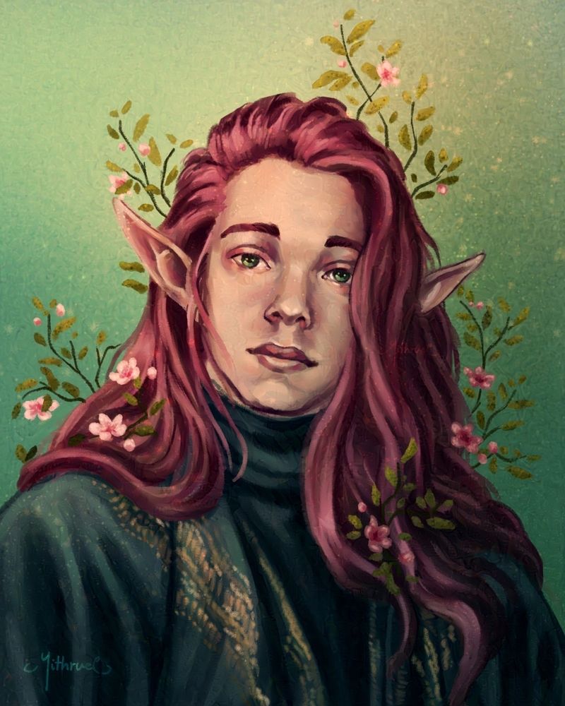 Portrait of my OC, Mithrey. Elf of youthful appearance, with lush red hair, green eyes, and long pointy ears. He's dressed in a rich green robe with golden embroidery. Around and from him are flowering branches growing. 