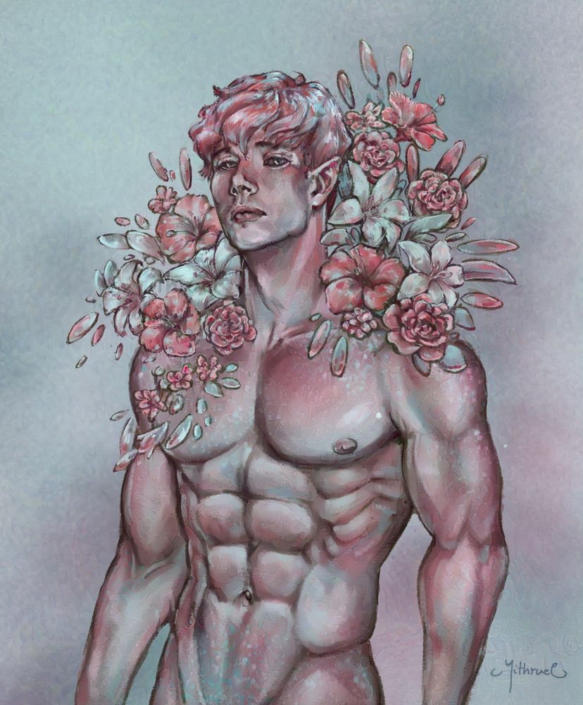 Digital painting of a flower nymph, an OC of mine. His skin is pink-ish with blue shimmer. Around his shoulders sit a bouquet of lilies and hibiscuses. 