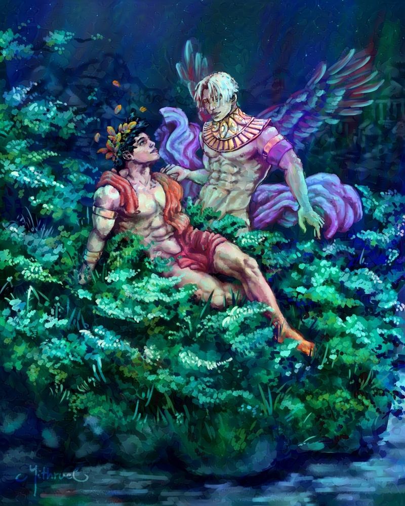 an elaborate and detailed digital painting. Depicting two men resting in a fantasy setting. Lush, vibrant greenery around them, which almost glows in the dark. The two men depicted are Zagreus and Thanatos, characters from the Hades game, inspired by Greek mythos. Zagreus is lying on the ground, in the grass, covered by a piece of red fabric, exposing his muscular physique. His hair is black and adorned with glittering laurel. Thanatos is hovering above him, suspended mid air with a pair of translucent wings. His hair is white, body pale and strong. He wears a golden metal neck ornament, and has a purple fabric behind him. They're resting in the Elysian fields, as that is the place where they often meet in the game. 