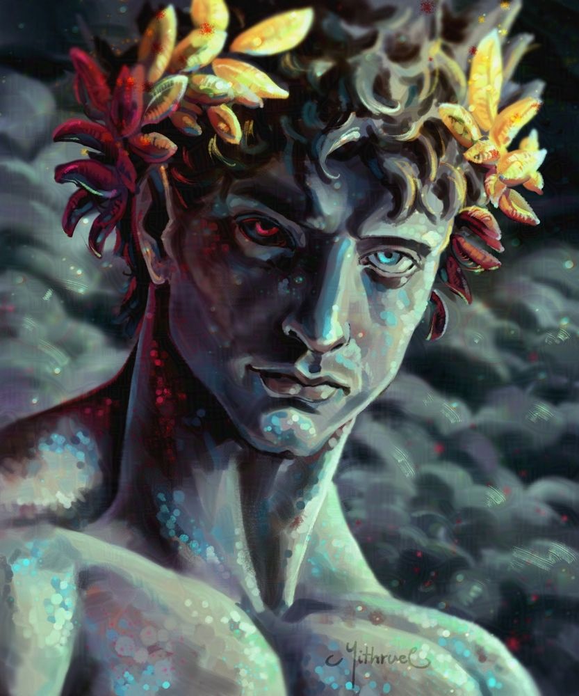 Digital painting, portrait of a young man, Zagreus. Son of Hades and Persephone from the Greek mythology. Depiction of how he's imagined in a rouge-like game Hades, from Supergiant studios. His body build is strong, muscular, hair black, with a laurel glowing in flaming colors. Eyes are heterochrome, one red, the other green. He's staring directly to the viewer, surrounded by the mists of Tartarus. 