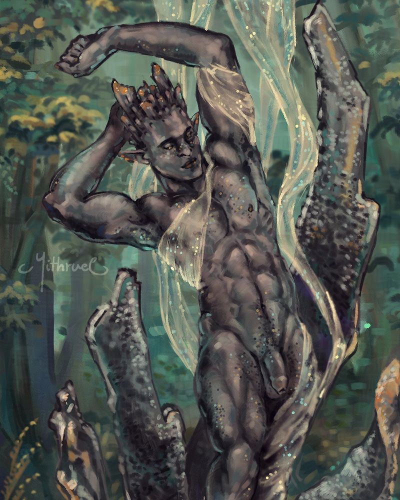 Digital illustration of a man, levitating above a burned down tree, draped in sheer, glittering fabric, which bends like a lightning around him. A man illustrated is a mystical creature, born of the event where lightning burned down his tree. His body is big and muscular, with bark-like horns growing from his head. His skin is dark and glitters in orange and blue. Around him is a scenery of a deep forest.