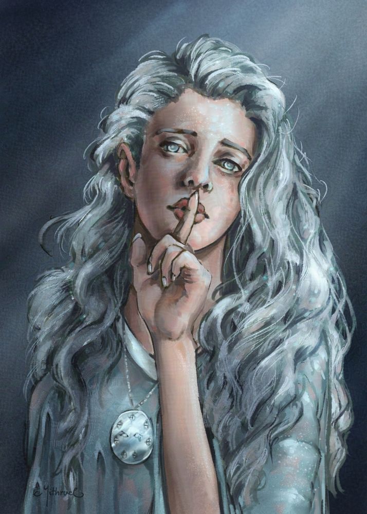 Portrait of a young woman with silver hair and silver eyes. Dressed in pale blue robes, wearing a silver pendant in a shape of a disc. 
Her hand in below her face, with her finger on her lips.
She is a priestess of Selune. DnD character i did as a commission.