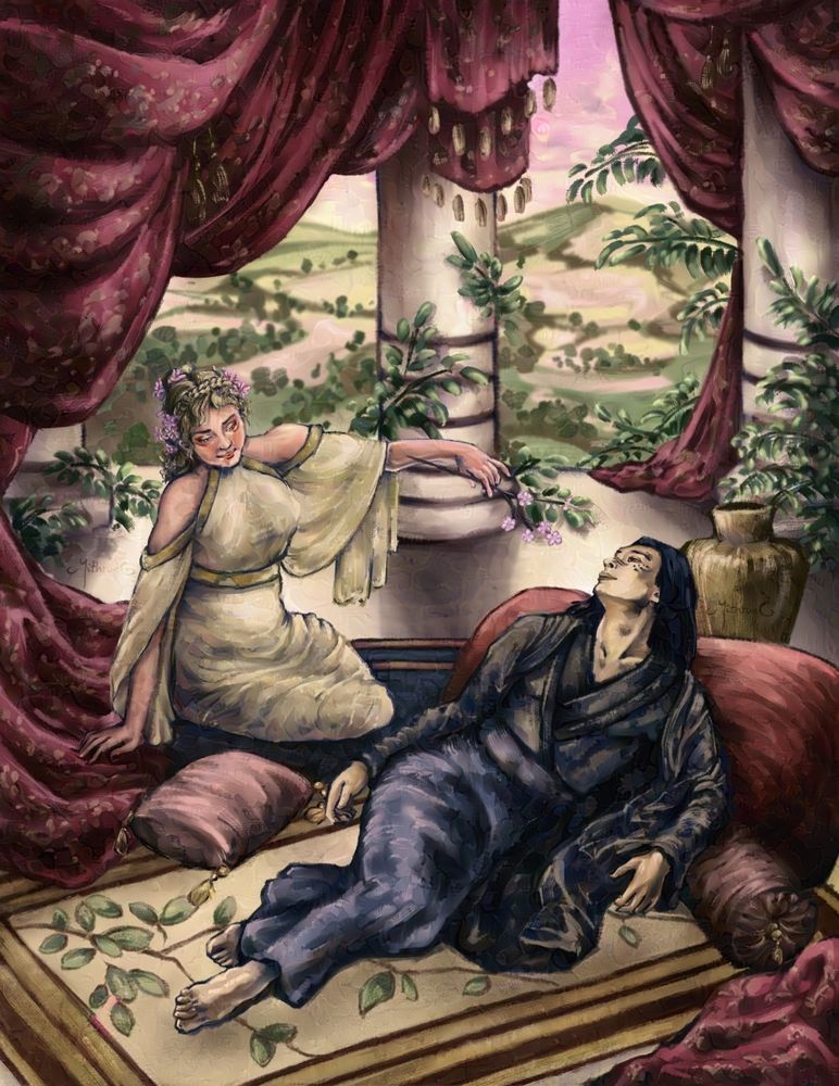 An elaborate digital painting of Telos and Kuro, original characters of a client who commissioned the piece. She is dressed in light coloured fabrics, of a design reminding that from ancient Greece. While he is dressed in dark robes, similar to a kimono. They're surrounded with lush drapery, cushions, pillows and carpets. Pillars behind them instead of a wall, and a vast landscape beyond that.