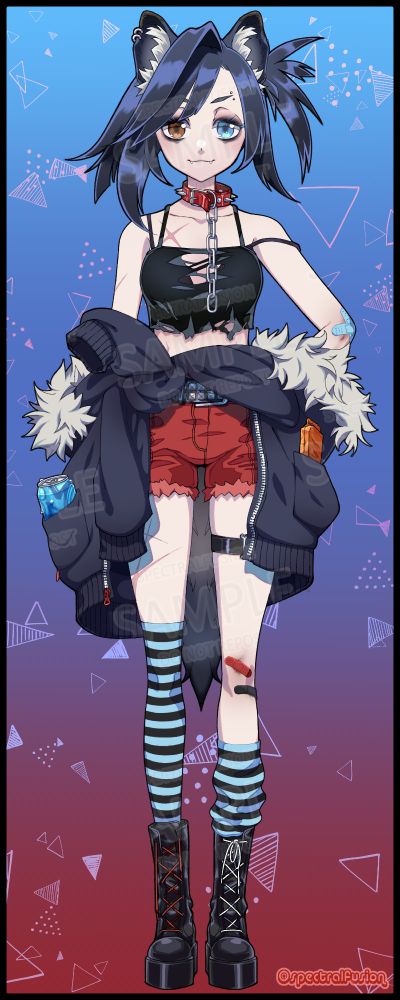 A Fullbody Vtuber Design: 
She is a punk husky dog girl with a smug expression.
She has pale skin with scars here and there, dark blue hair and brown/blue heterochromia. 
Her outfit is scrappy and covered in accessories, she has an oversized sweater tied around her waist with snacks poking out of the pockets.
The background is a blue to red gradient with triangular doodles strewn about.