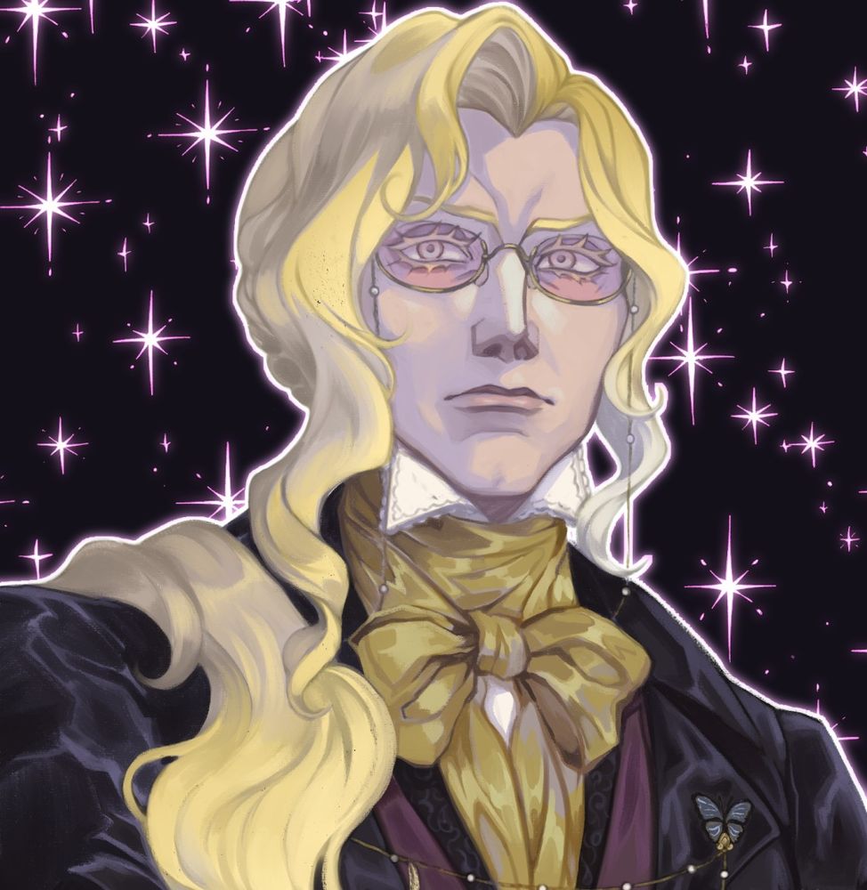 A stern looking man with a blond ponytail draped over his right shoulder, he wears pink tinted glasses and a fancy golden neck bow, the rest of his outfit is dark.
The background is dark with pink glittery stars.
