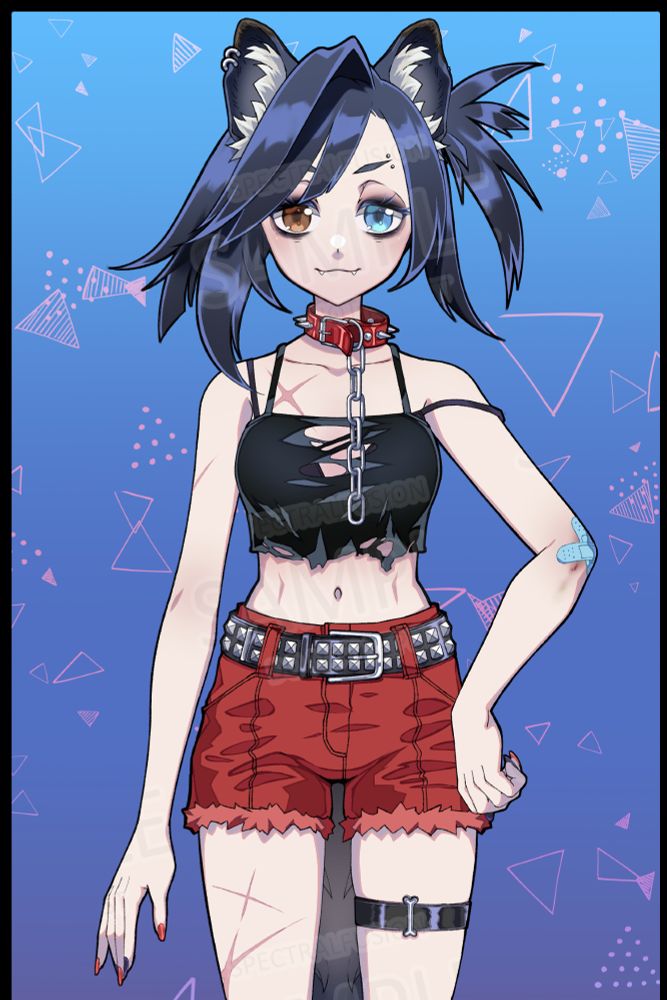 A Fullbody Vtuber Design: (Sweaterless Version)
She is a punk husky dog girl with a smug expression.
She has pale skin with scars here and there, dark blue hair and brown/blue heterochromia. 
She is posed with one hand on her hip.
Her outfit is scrappy and covered in accessories.
The background is a blue to red gradient with triangular doodles strewn about.