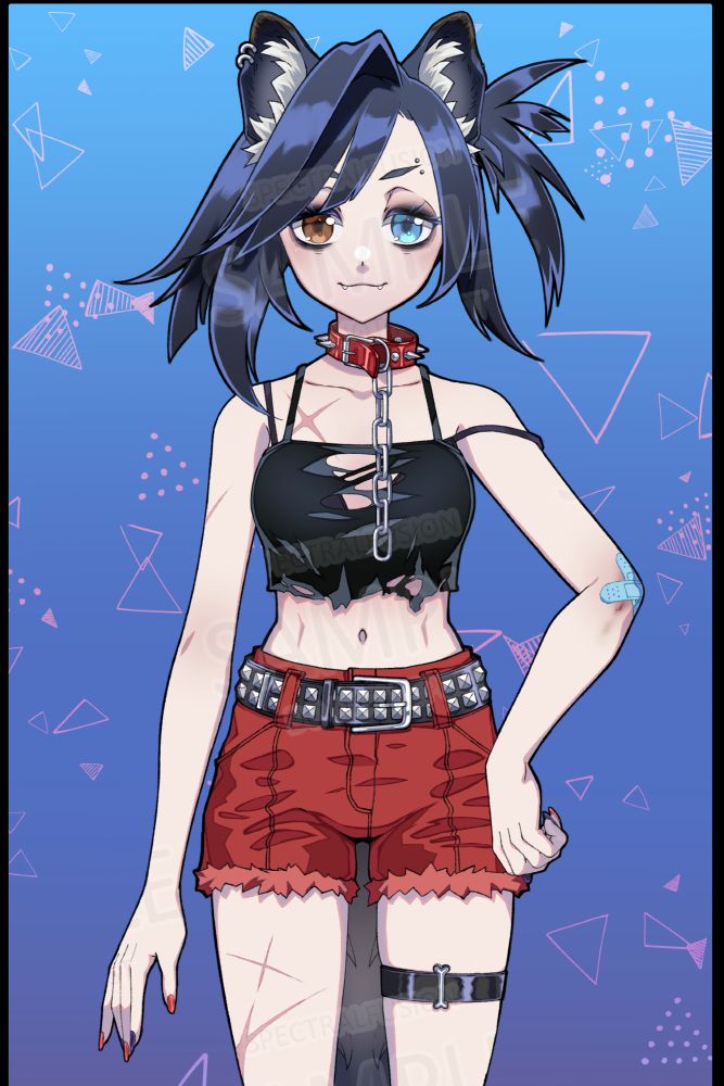 A Fullbody Vtuber Design: (Sweaterless Version)
She is a punk husky dog girl with a smug expression.
She has pale skin with scars here and there, dark blue hair and brown/blue heterochromia. 
She is posed with one hand on her hip.
Her outfit is scrappy and covered in accessories.
The background is a blue to red gradient with triangular doodles strewn about.
