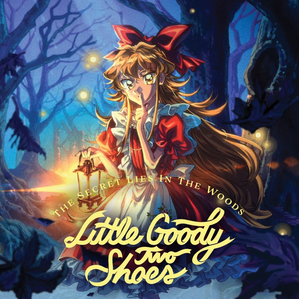 Official promo art for the game Little Goody Two Shoes "The Secret Lies In The Woods" by AstralShift
The main character, Elise, stands in a dark fairy tale forest carrying a glowing lantern in one hand while holding up a finger to her lips in a shushing motion. She wears a pretty red dress with a frilly white apron.